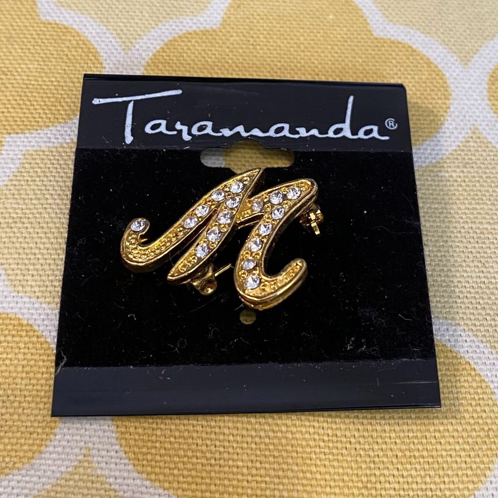 Gold M Initial Brooch with Rhinestones NWT